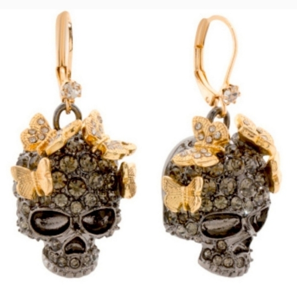 Betsey Johnson Jewelry - Betsey Johnson  Gold Butterfly  Gun Metal Tone SKULL Crystal  Earrings